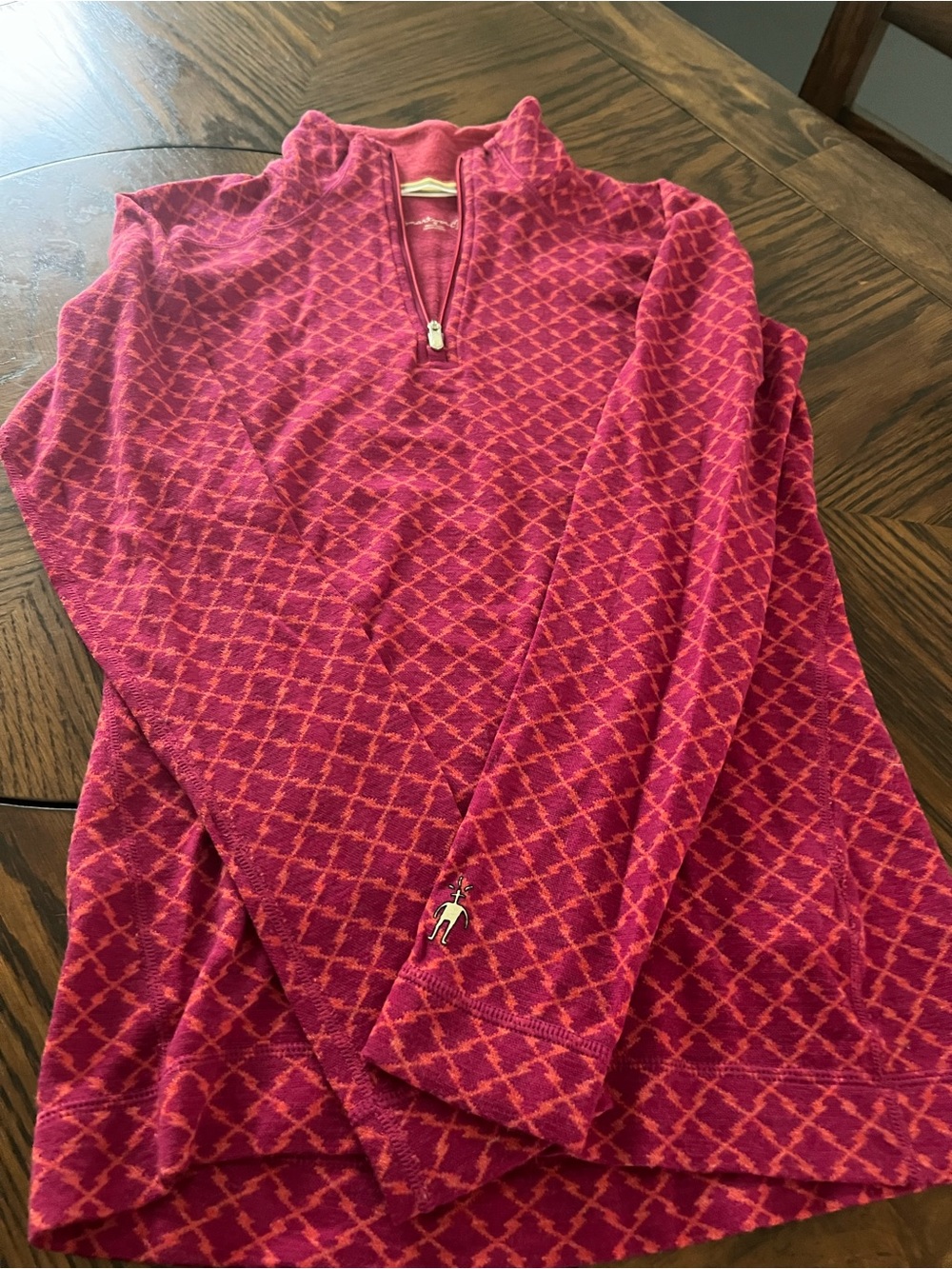 Smartwool Women’s M Pink Geometric Merino Knit Mock Neck 1/4 Zip Sweater # 59